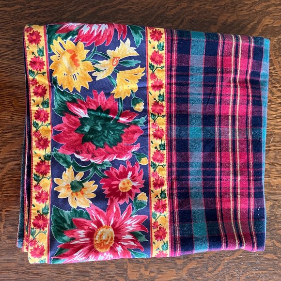Vintage April Cornell Double Sided Holiday Tablecloth featuring Plaid and Flower - Picture 2 of 9